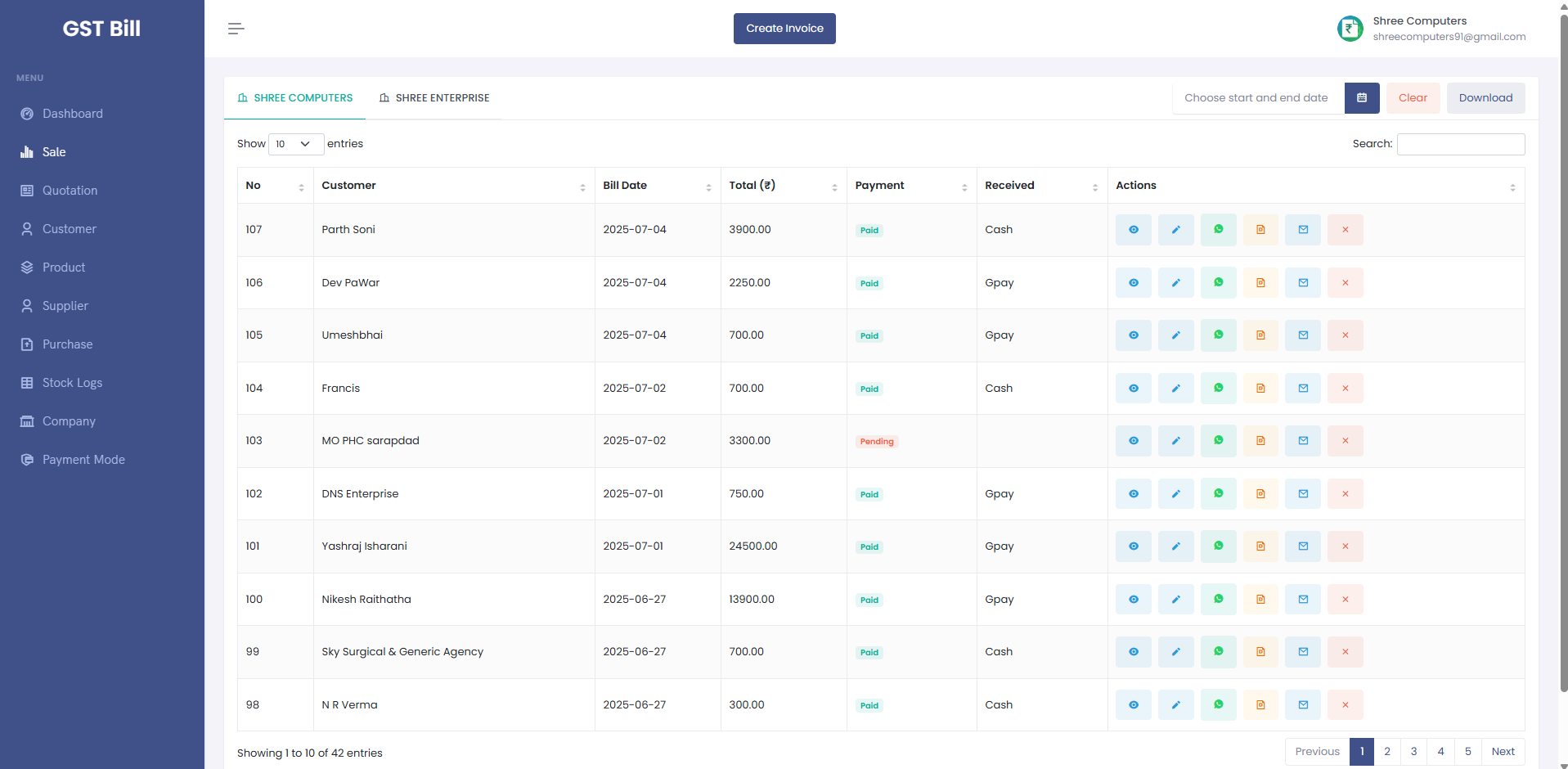 Invoice screen